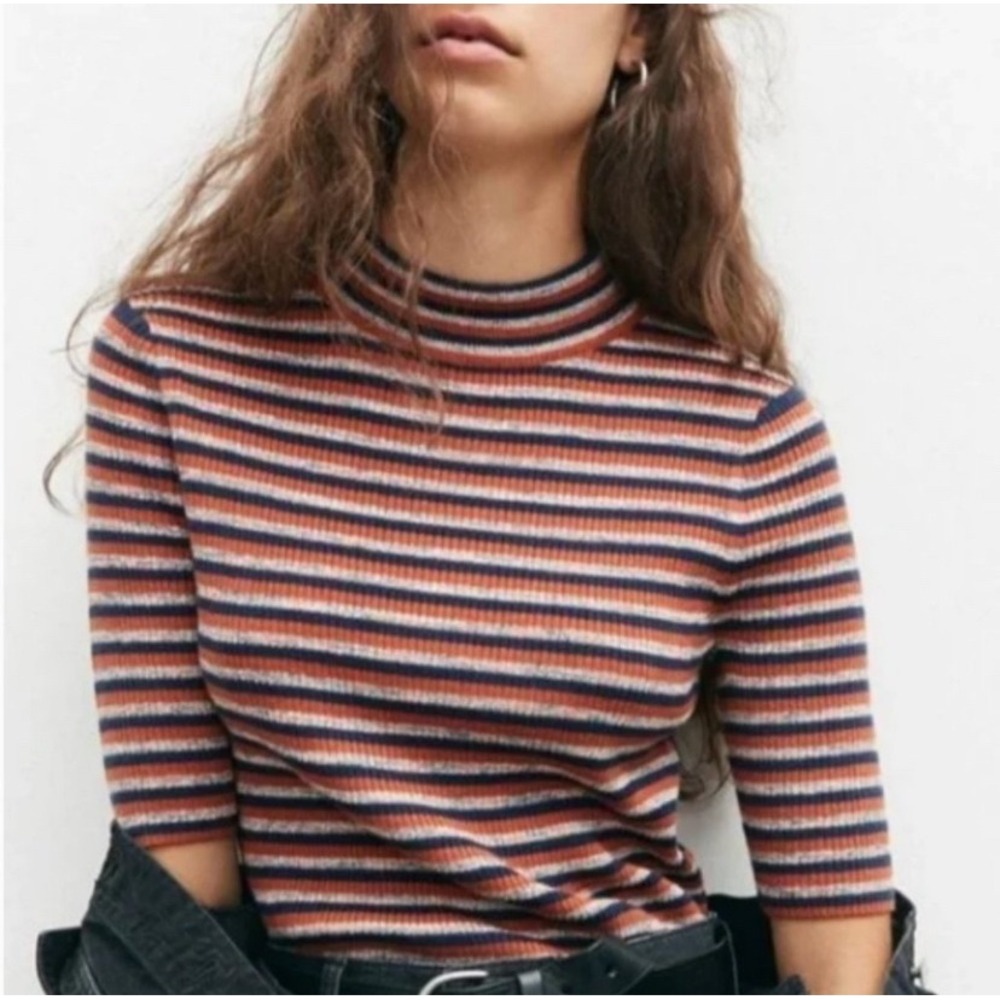 Madewell Mock Neck Top  XXS Womens Orange Navy Striped Elbow Sleeve Ribbed Knit